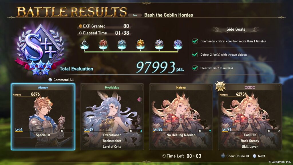 Granblue Fantasy Relink Multiplayer Result Screen S++